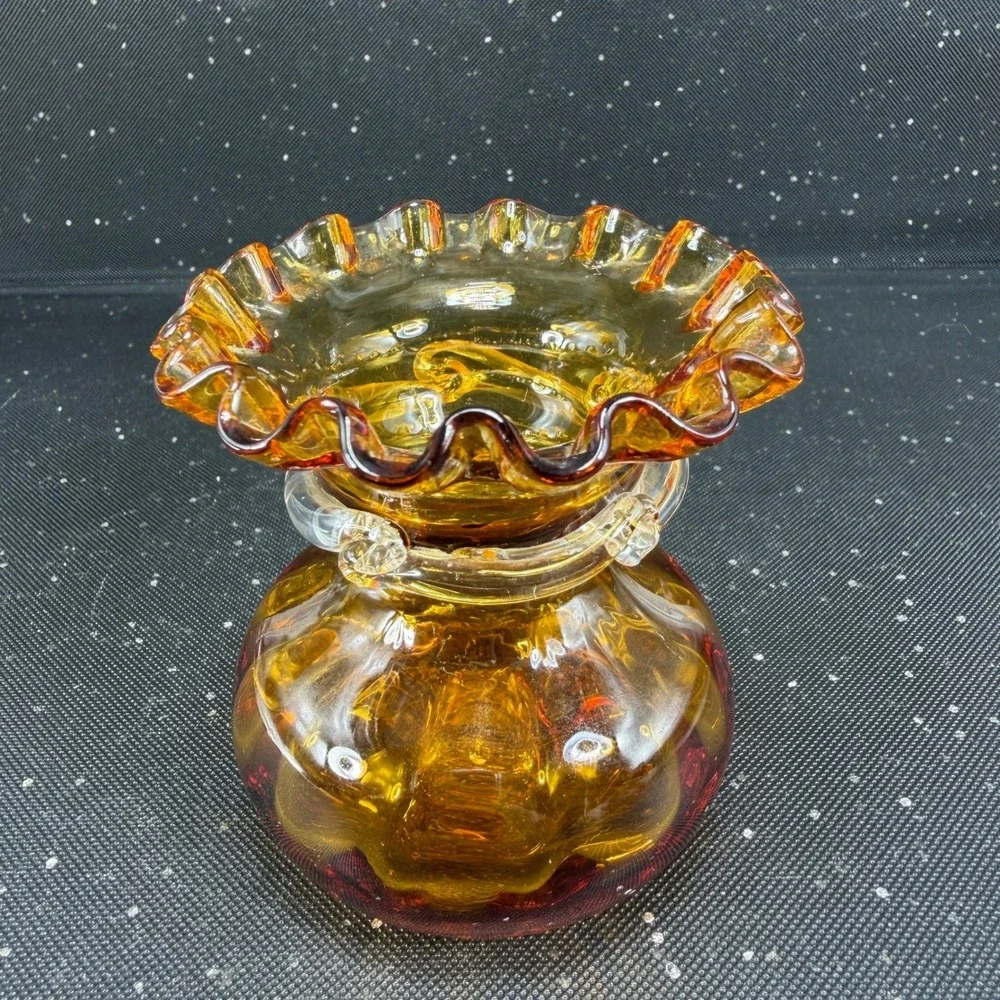 Amber Mid Century Hand Blown Glass Ruffled Bud Vase with Clear Rigaree 3inch